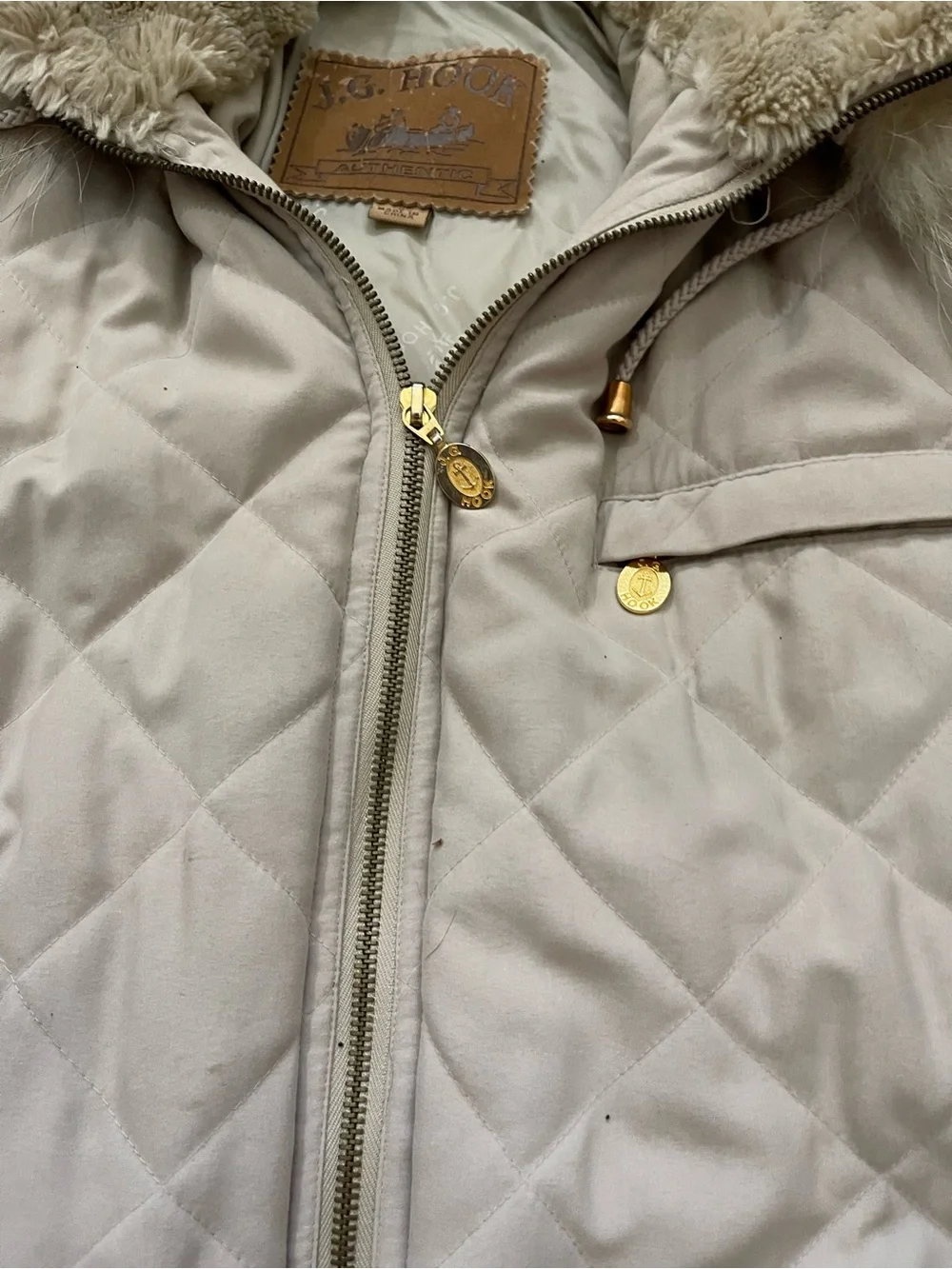 J.G. Hook Quilted Coat Womens Faux Fur Hood Beige Jacket Vintage Gold Hardware - Picture 3 of 10